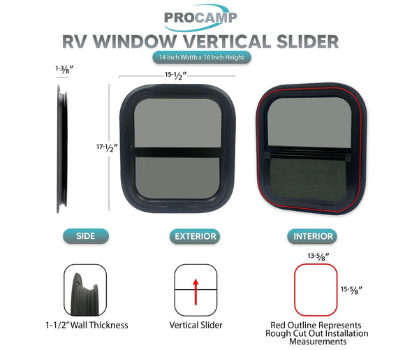 14" Width x 16" Height Vertical Slider RV Replacement Window